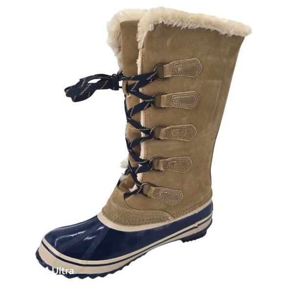 Sporto Blake Brown Blue Leather Duck Boot Waterproof Lined Faux Fur Women's 10M - Picture 1 of 9